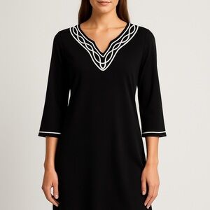 Ava Lynn Black Tunic Dress with White Embroidered Trim – Made in USA – Size M/L